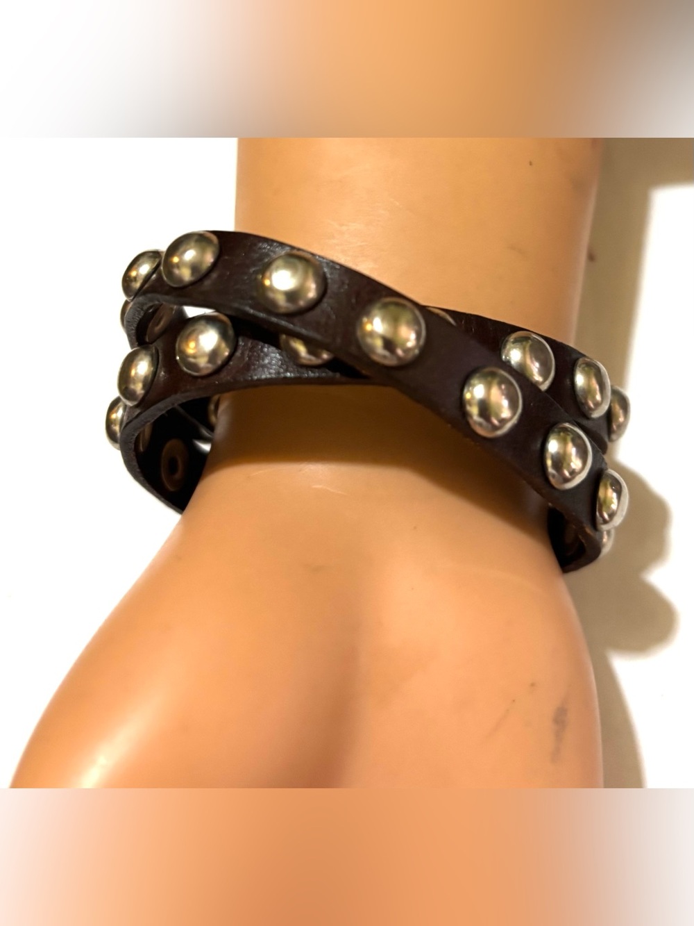 Studded Double Wrap Leather Bracelet - Brown with Silver Studs
